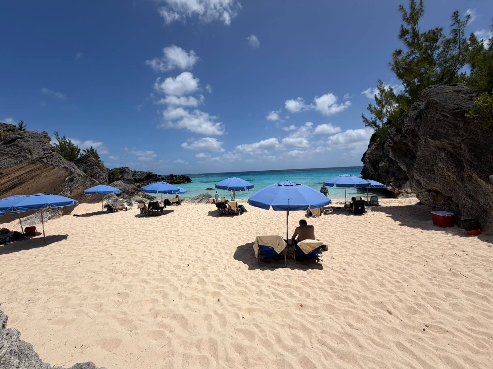 Chaplin Bay, Bermuda — pink sand, blue umbrellas and turquoise water